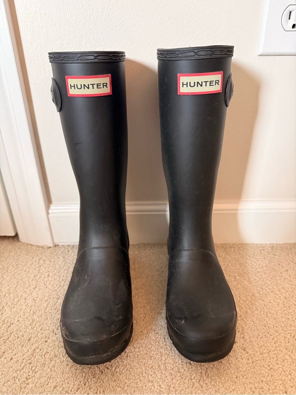 Hunter Kids Black Tall Rain Boots with Red Logo Trim